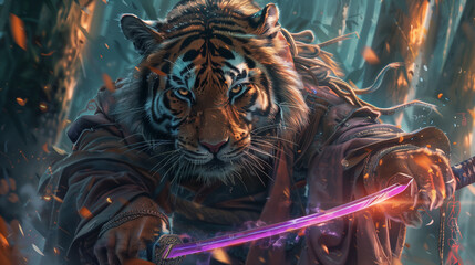 A tiger is holding a sword and is wearing a red outfit. The tiger is in a scene with other tigers and a person. Scene is intense and action-packed - obrazy, fototapety, plakaty