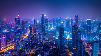 Fototapeta na wymiar Wireless network and Connection technology concept with Bangkok city background at night in Thailand, panorama view.