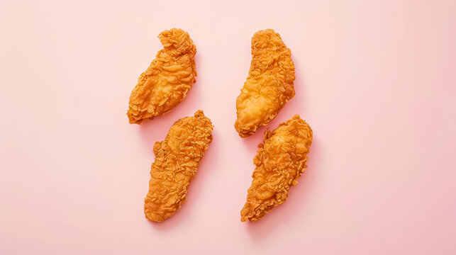 Breaded chicken tenders, Golden fried chicken strips, close-up, top view, smooth pink background