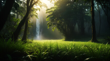 A serene forest clearing bathed in soft morning light, with dew glistening on the grass