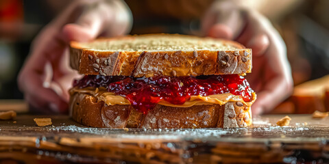peanut butter and jelly sandwich on a simple pink background