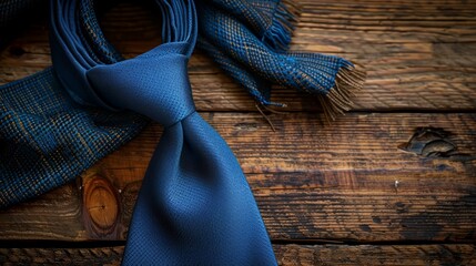 Richly textured silk necktie in blue hues drapes elegantly over rustic wooden backdrop.