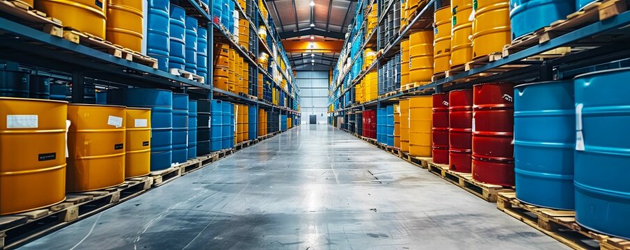 A chemical storage warehouse with rows of shelves filled with drums and containers of various chemicals