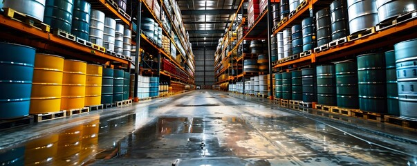 A chemical storage warehouse with rows of shelves filled with drums and containers of various chemicals