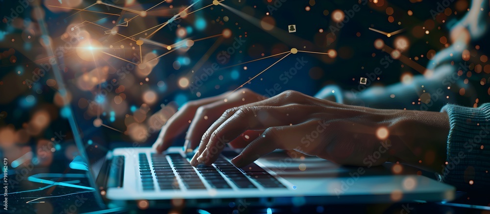 Poster a person typing on laptop with digital network and data connection technology background, business s