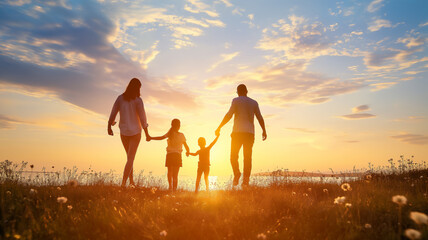 Family holding hands in a field at sunset.