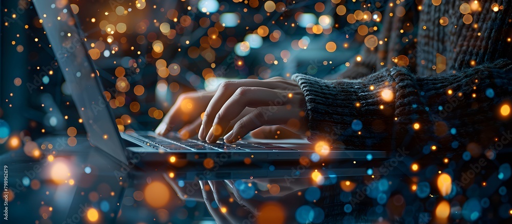 Poster a person typing on laptop with digital network and data connection technology background, online bus