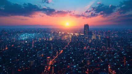 Fototapeta premium Smart digital city with connection network reciprocity over the cityscape . Concept of future smart wireless digital city and social media networking systems that connects people within the city .