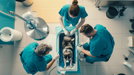 Veterinarians operating on a Siberian husky  in a operations room