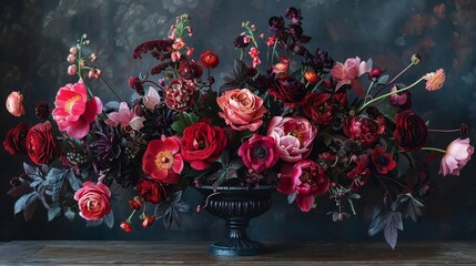 Luxurious floral arrangement in dark tones with a rich variety of blooms creating a romantic still life