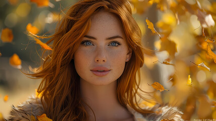 Fototapeta premium Autumn Preview: Portrait of a Beautiful Woman with Auburn Red Hair and Autumn Leaves, Captivating Display of Fall Beauty. Ravishing Red Hair: Portrait of a Stunning Woman Embracing Fiery Tresses