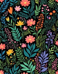 Colorful Botanical Spring Background Floral Flowers Organic Daisy Leaves Tulips Colors Nature Natural Organic Pattern Wallpaper Illustration Draw