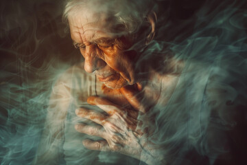 Old man holding hand on chest having heart attack, blurred vision, aging and diseases of civilization concept.