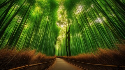 Path cutting through a dense bamboo forest