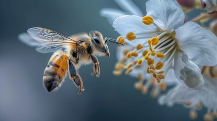 Graceful movements of a bee approaching a flower, with colorful flowers