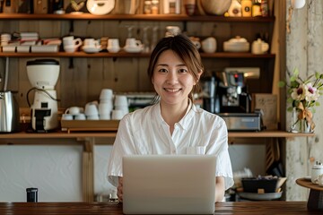 Fototapeta premium Café Harmony: Asian Manager Smiling with Laptop