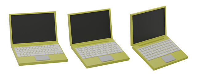 set of 3d laptop with transparent background, PNG, 3d render notebook computer, yellow laptop