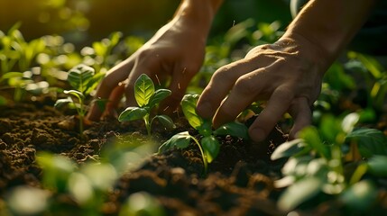 Hands nurturing young plants in soil - a symbol of growth and care