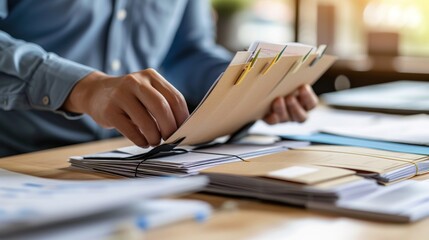 Office worker carefully organizing files in a separate folder in the archive
