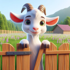 Adorable cartoon goat peeking at the farm gate