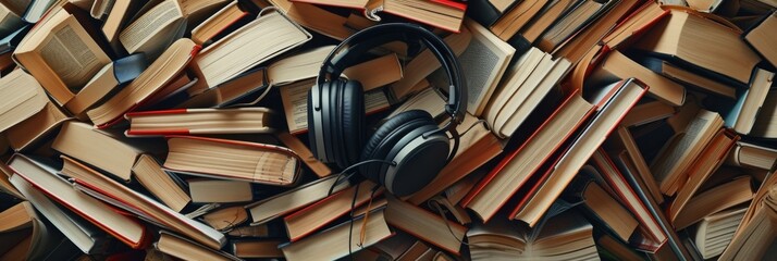 Stacks of books with headphones hanging from them