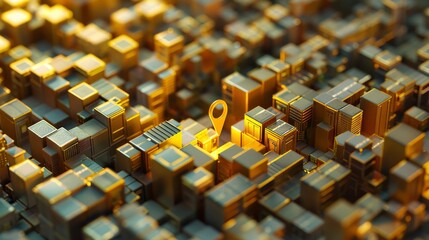 Golden package maze crowned by a bold yellow location pin stands out in organized chaos.