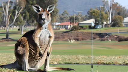 Kangaroos freely roam on Australian golf course, offering unique wildlife experience. Concept Australian Wildlife, Kangaroos, Golfing, Unique Experience, Outdoor Adventure