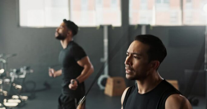 Fitness, skipping rope and group of people in gym for health, wellness and body workout. Team, jumping and athletes and personal trainer with equipment for cardio exercise at class in sports center.