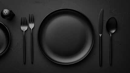 Sleek black plates and silverware set for a sophisticated dinner party with a minimalist black backdrop