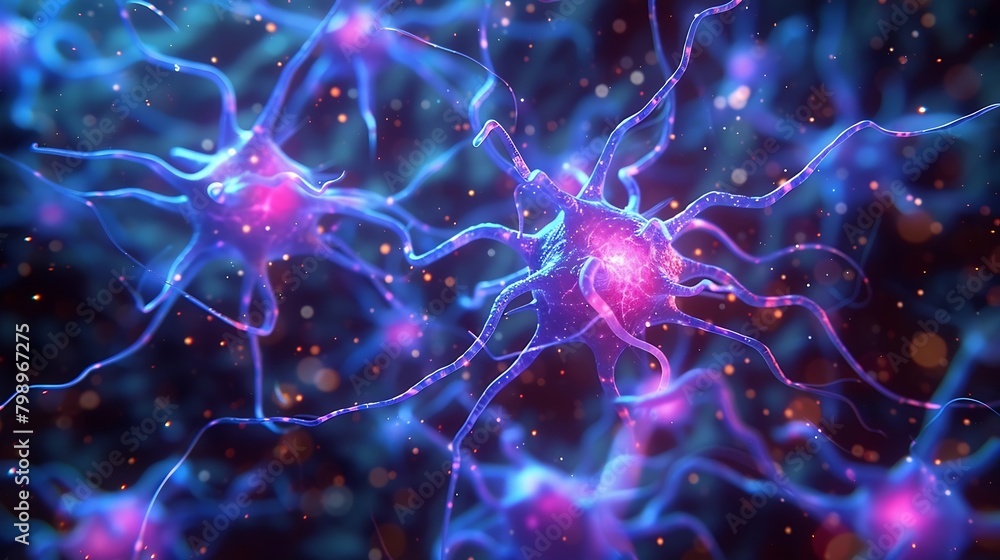Poster Generative AI : visualization of a complex neural network of human neurons inside a brain, indigo blue and violet colors