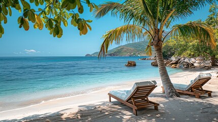 Obraz premium lounge chairs on tropical beach with copy space