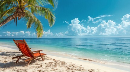 lounge chairs on tropical beach with copy space