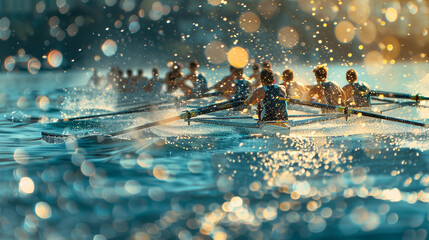 Rowing regatta with azure particles shimmering against a blurred backdrop, reflecting the precision and teamwork of rowers gliding across the water. - obrazy, fototapety, plakaty