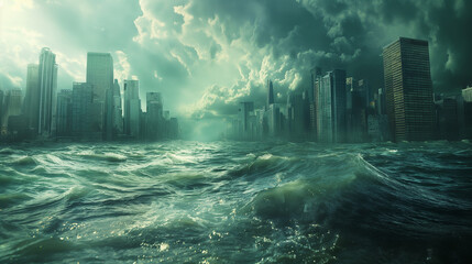 A photo of an apocalyptic cityscape submerged in the ocean,climate change-Enhanced