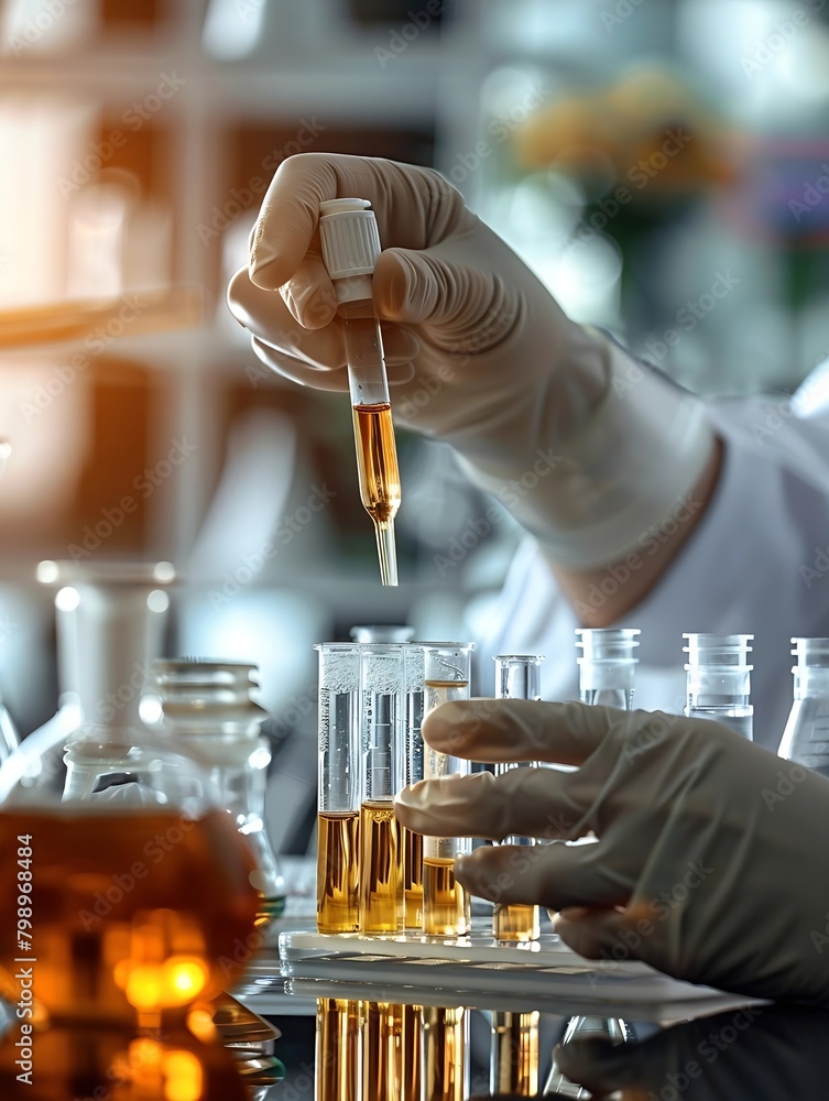 Poster generative ai : perfumer is mixing perfume with a test tube. perfumer holding small test tube in han