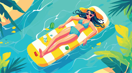 Happy woman floating relaxing on inflatable mattres