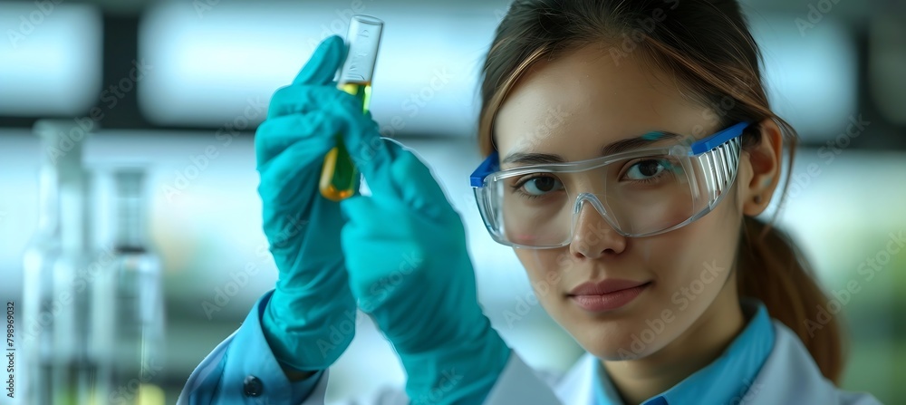 Leinwandbilder generative ai : female scientist holding a test tube with a solution in gloves in a research lab