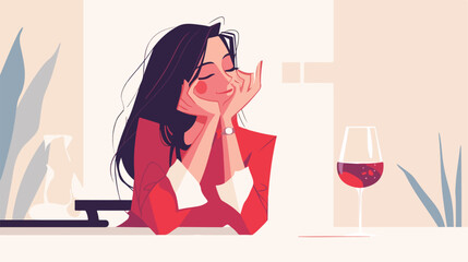 Happy woman hold red wine glass in hands tasting an