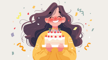 Obraz na płótnie Canvas Happy woman holding birthday cake. Excited girl wit