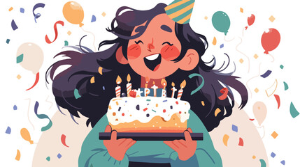 Happy woman holding birthday cake. Excited girl wit - obrazy, fototapety, plakaty