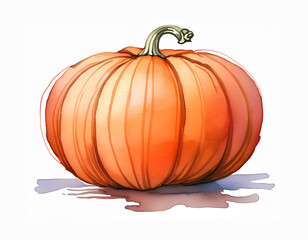 Obraz premium An illustration of a vibrant orange pumpkin with a green stem, showcasing a watercolor texture effect