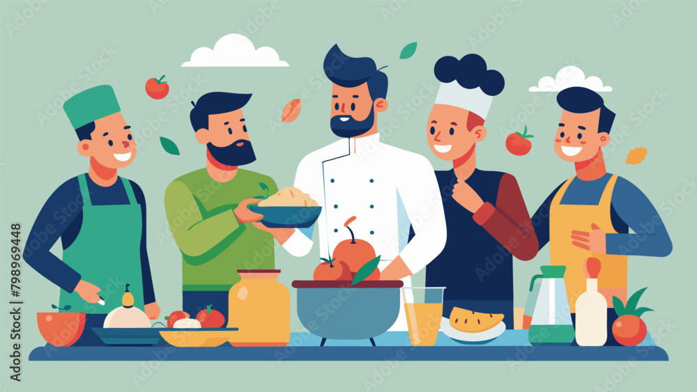 Poster a team of men working together to create a multicourse meal each one responsible for a different dis