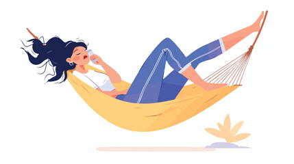 Happy woman relaxing in hammock. Young female resti