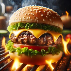 Delicious cheese burger with burning fire. Generative ai - obrazy, fototapety, plakaty