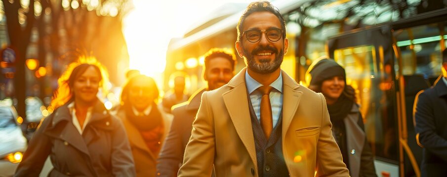 A group of businesspeople boarding a corporate shuttle bus for a team-building retreat.