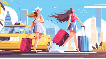 Happy women going on vacation with baggage near yel