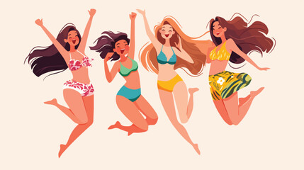 Happy women portrait jumping up rejoicing summer ho