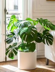 Generative AI : large monstera plants in a simple white cylinder pot, in a parisian living room