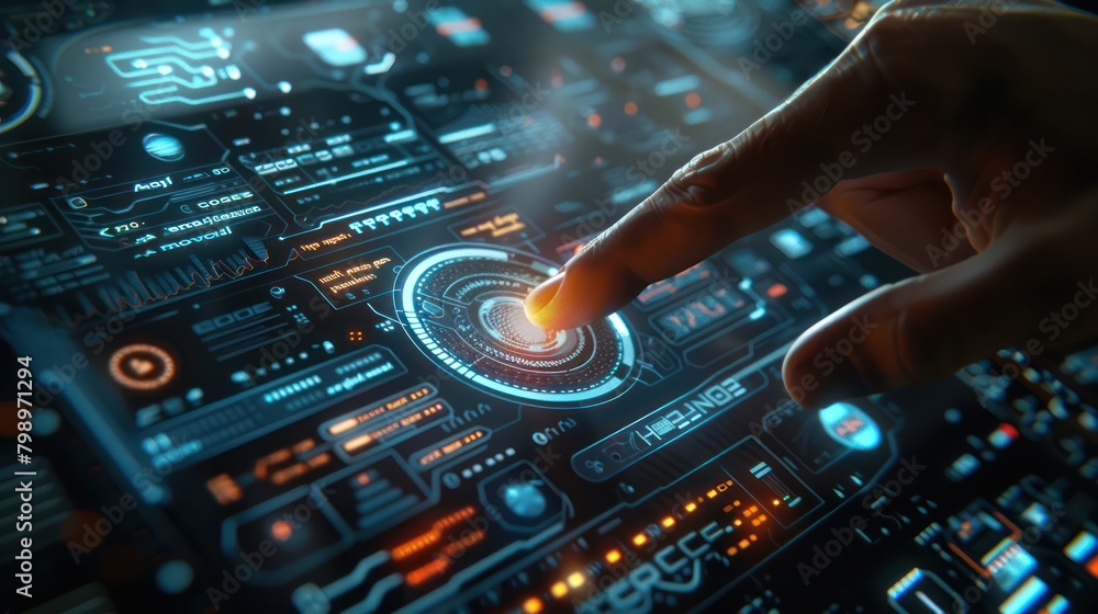 Poster ai interface on a transparent screen, finger touching digital data, close-up, decision-making in tec