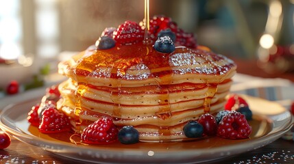 Fluffy pancakes under a stream of glistening syrup, encircled by vibrant berries in a morning light.